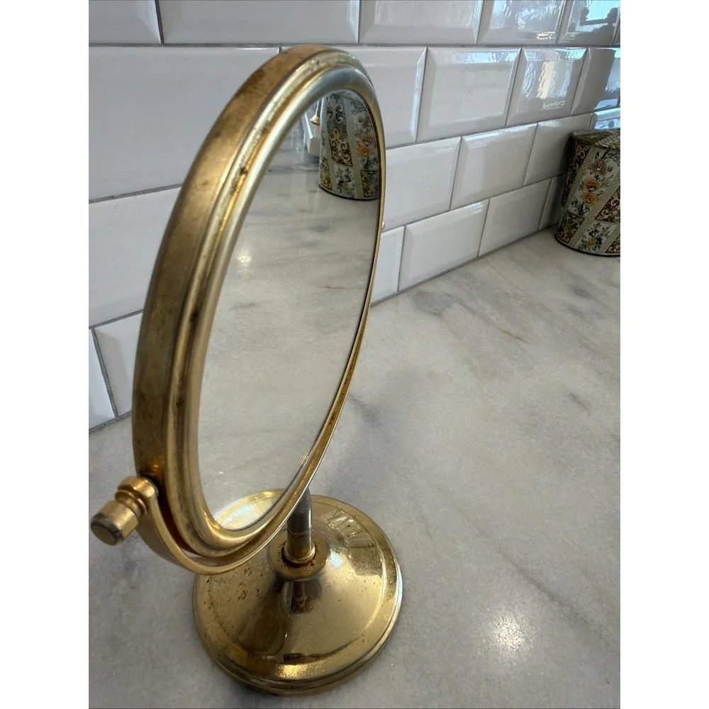 Vintage Shabby Brass Tone Vanity Double Mirror Round Magnification Side ES008